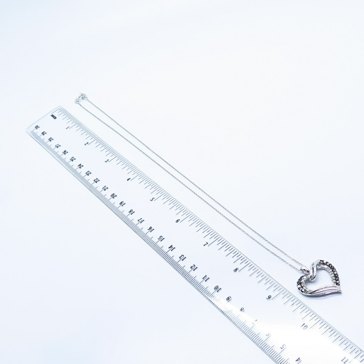 925 Sterling Silver Italy White Black Diamond Open Heart Rolo Chain Necklace 17"