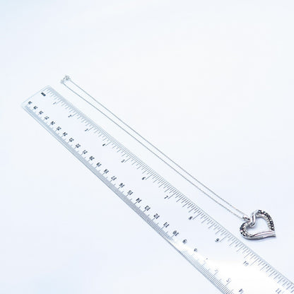 925 Sterling Silver Italy White Black Diamond Open Heart Rolo Chain Necklace 17"