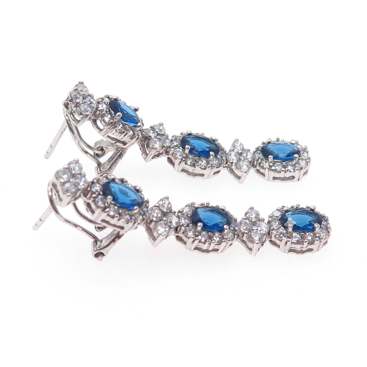 925 Sterling Silver Blue & White C Z Dangle Omega Back Earrings