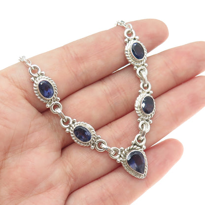 925 Sterling Silver Vintage Real Oval-Cut Iolite Chain Necklace 18"