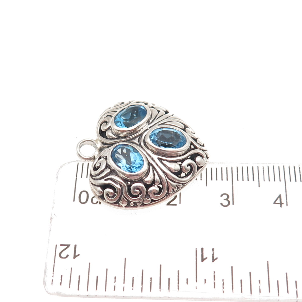 925 Sterling Silver Vintage Real Oval-Cut Blue Topaz Heart Swirl Charm Pendant