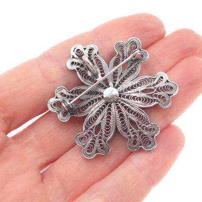 925 Sterling Silver Vintage Real Pearl Floral Filigree Oxidized Pin Brooch