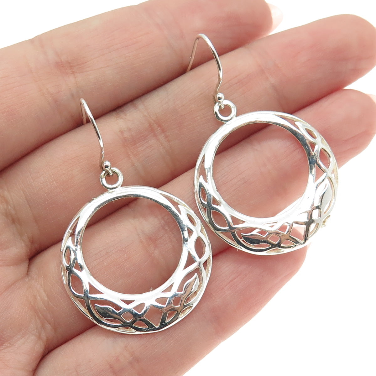 925 Sterling Silver Ornate Crescent Circle Dangle Earrings