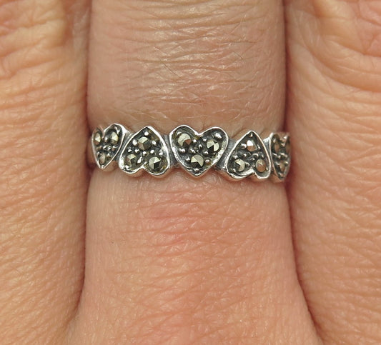 925 Sterling Silver Vintage Real Marcasite Heart Link Oxidized Ring Size 7