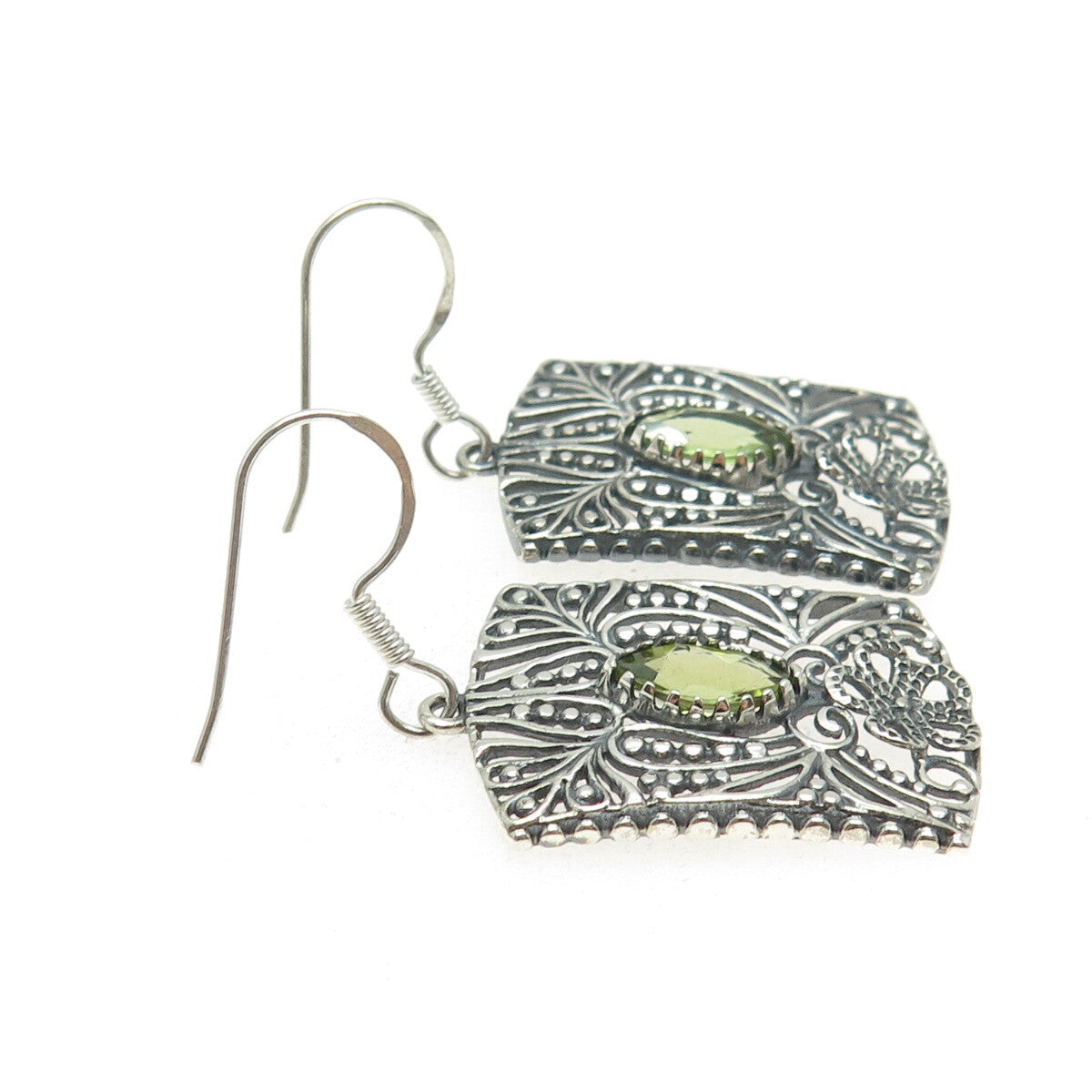 925 Sterling Silver Vintage Real Peridot Flower Oxidized Dangle Earrings