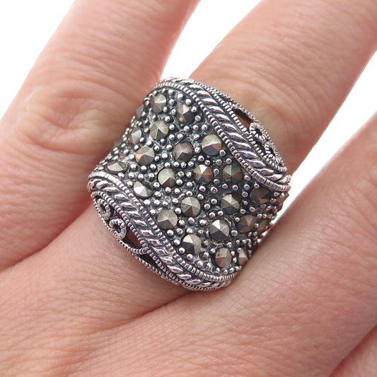 925 Sterling Silver Vintage Real Marcasite Modernist Wavy Oxidized Ring Size 6
