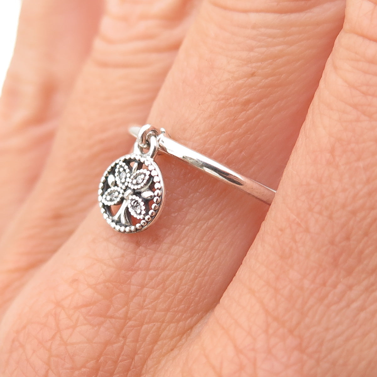 Pandora 925 Sterling Silver Round-Cut C Z Tree of Life Dangle Charm Ring Size 6