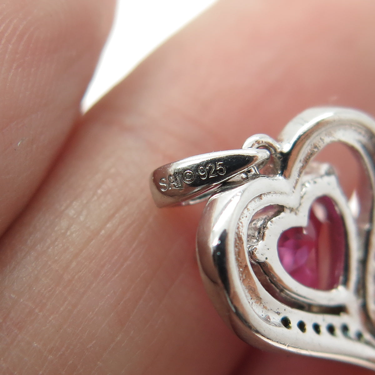 SAI 925 Sterling Silver White Topaz Gem Lab-Created Pink Sapphire Heart Pendant