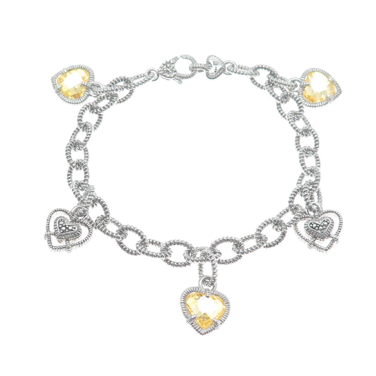 JUDITH RIPKA 925 Sterling Silver Canary C Z Heart Dangle Charm Bracelet 7"