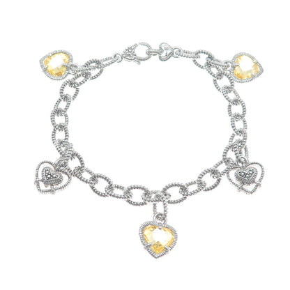 JUDITH RIPKA 925 Sterling Silver Canary C Z Heart Dangle Charm Bracelet 7"