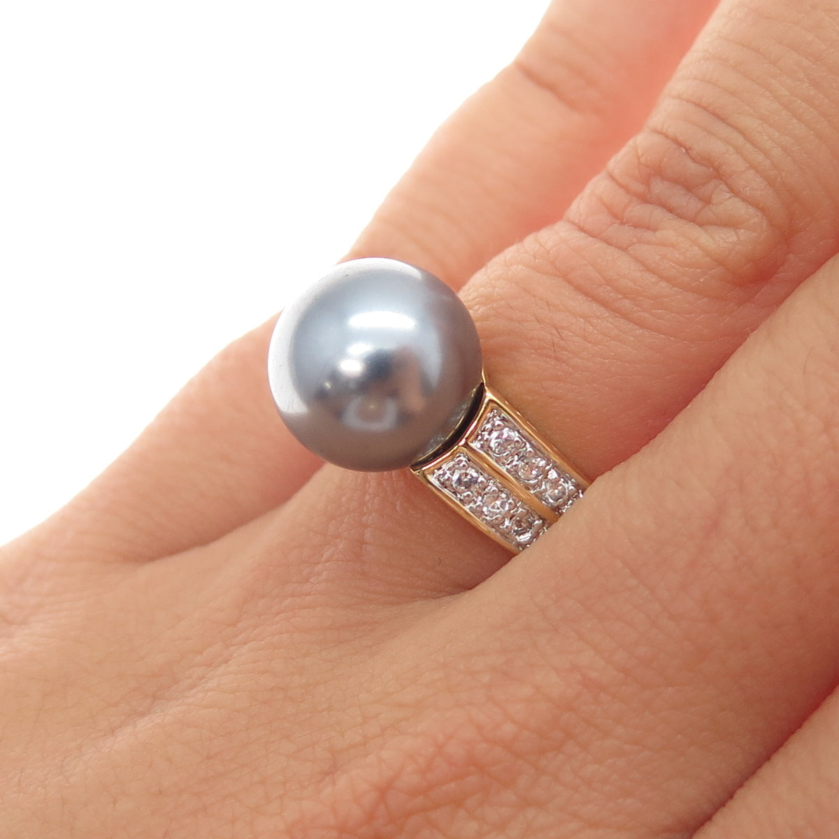 925 Sterling Silver Gold Plated Faux Pearl & C Z Ring Size 6