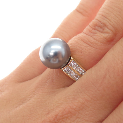 925 Sterling Silver Gold Plated Faux Pearl & C Z Ring Size 6