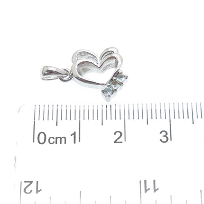925 Sterling Silver Vintage Real Blue Topaz Double Heart Minimalist Pendant
