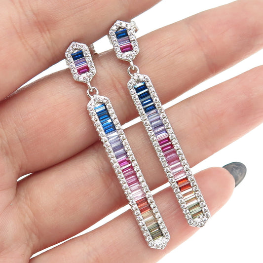 925 Sterling Silver Multi-Color Baguette-Cut C Z Bar Dangling Earrings