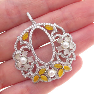 925 Sterling Silver Faux Pearl & Multi-Color C Z Floral Pendant