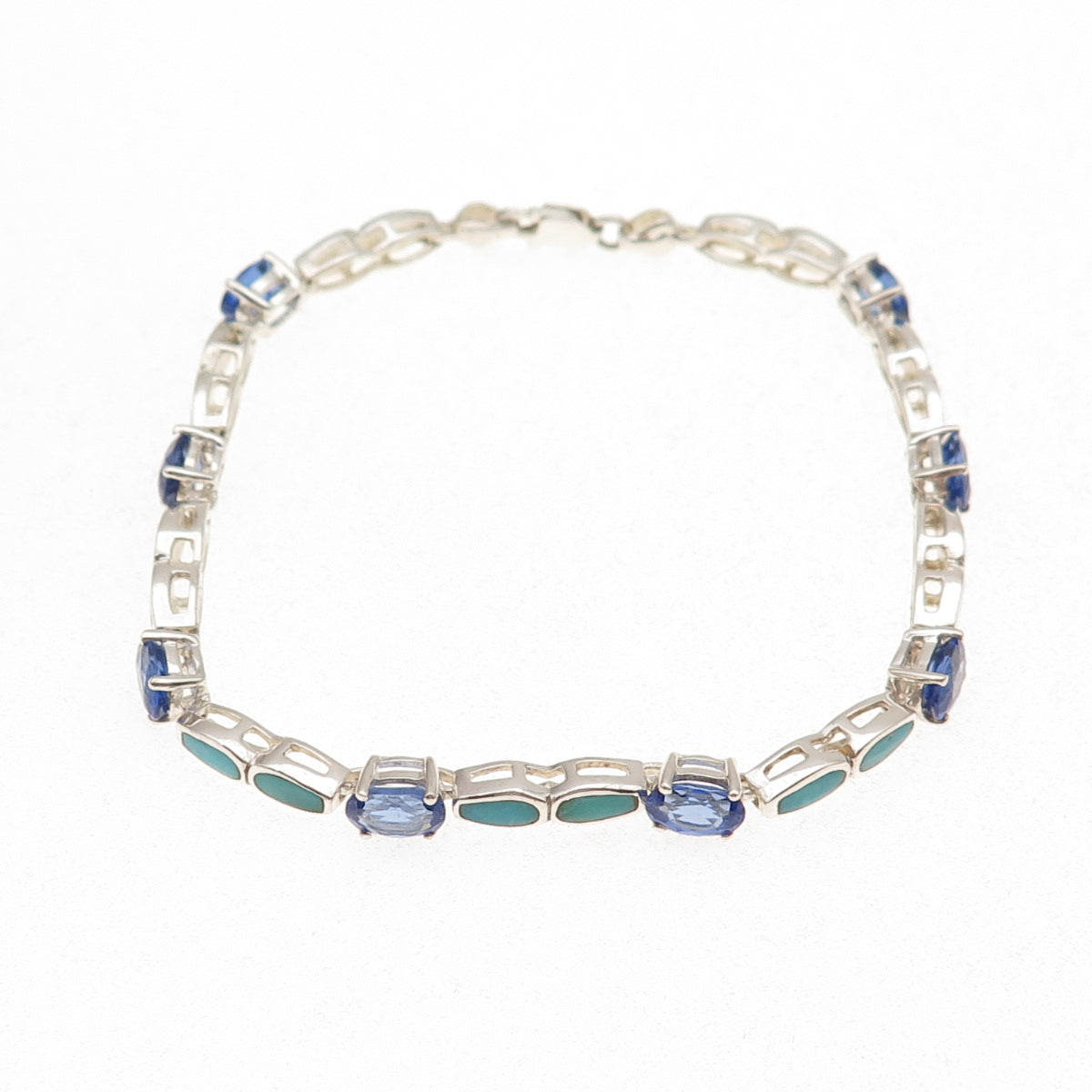 925 Sterling Silver Vintage Real Turquoise & Tanzanite Bracelet 7"