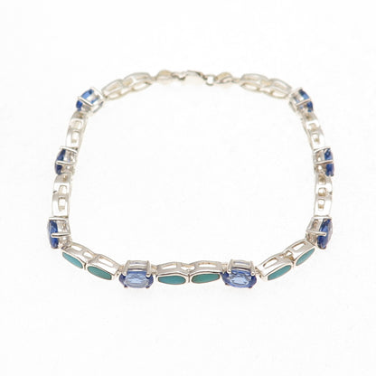 925 Sterling Silver Vintage Real Turquoise & Tanzanite Bracelet 7"