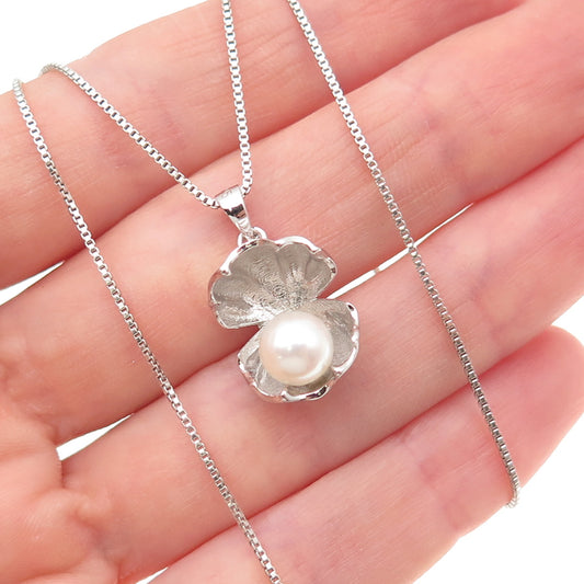 925 Sterling Silver Vintage Real Pearl Pinctada Box Chain Necklace 18"