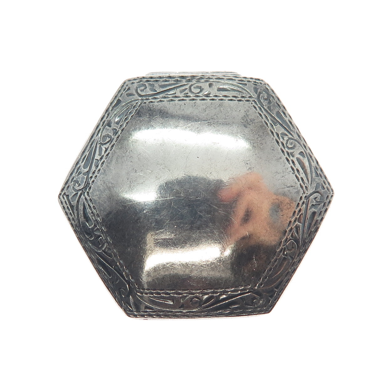 925 Sterling Silver Vintage Engraved Hexagon Oxidized Pill / Snuff Box
