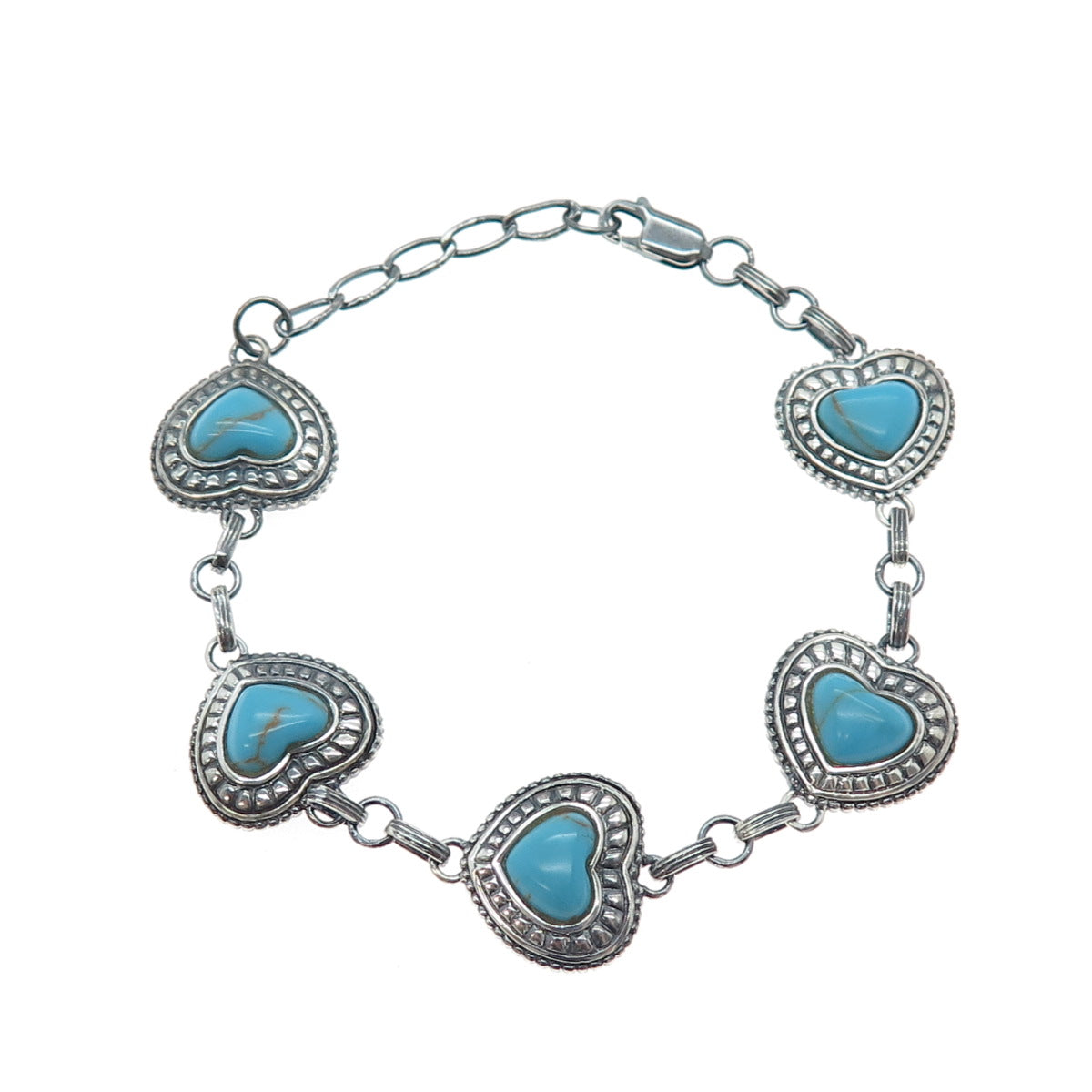 LENOX 925 Sterling Silver Vintage Real Turquoise Heart Link Oxidized Bracelet 8"