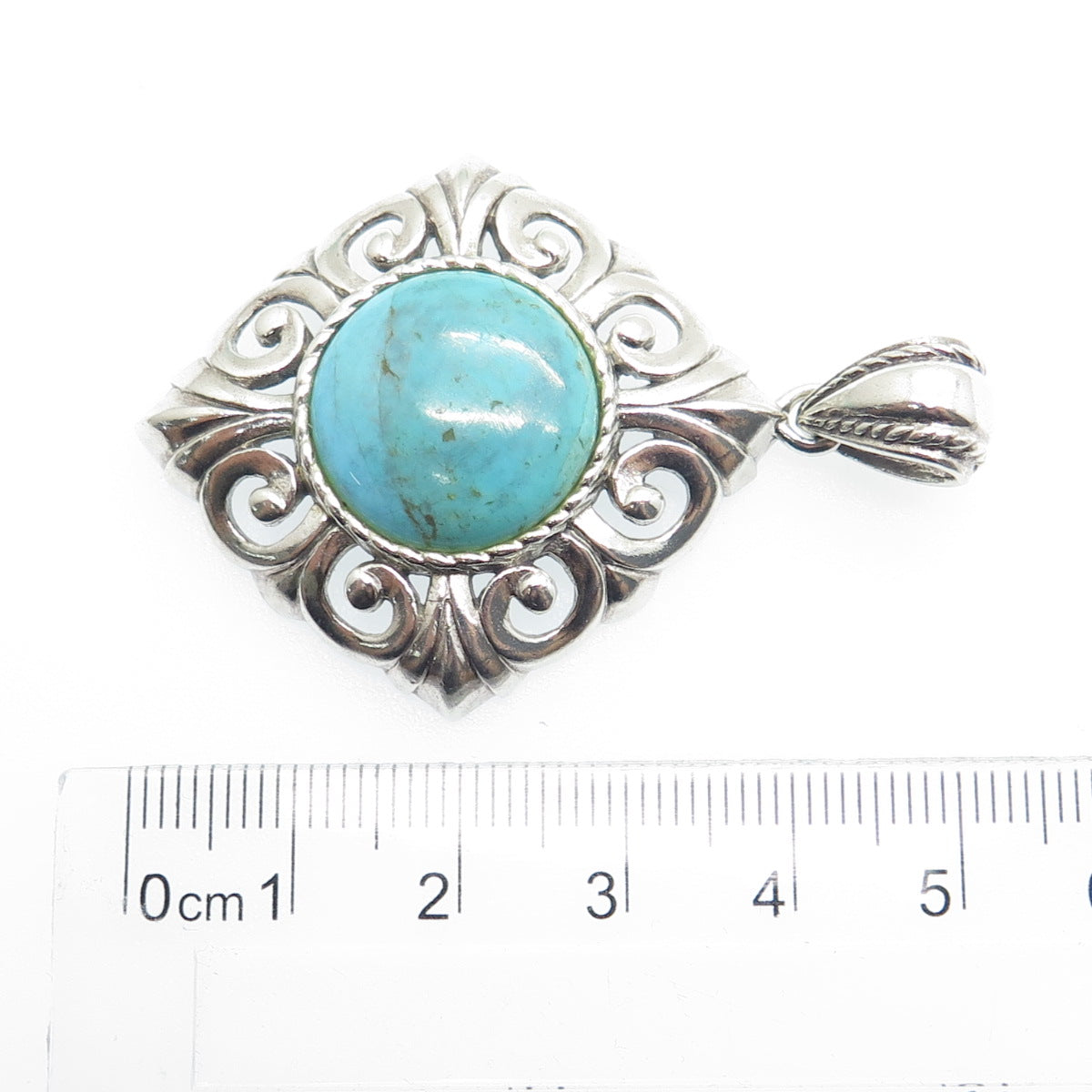 NK SILVER 925 Sterling Silver Vintage Real Cabochon Turquoise Ornate Pendant