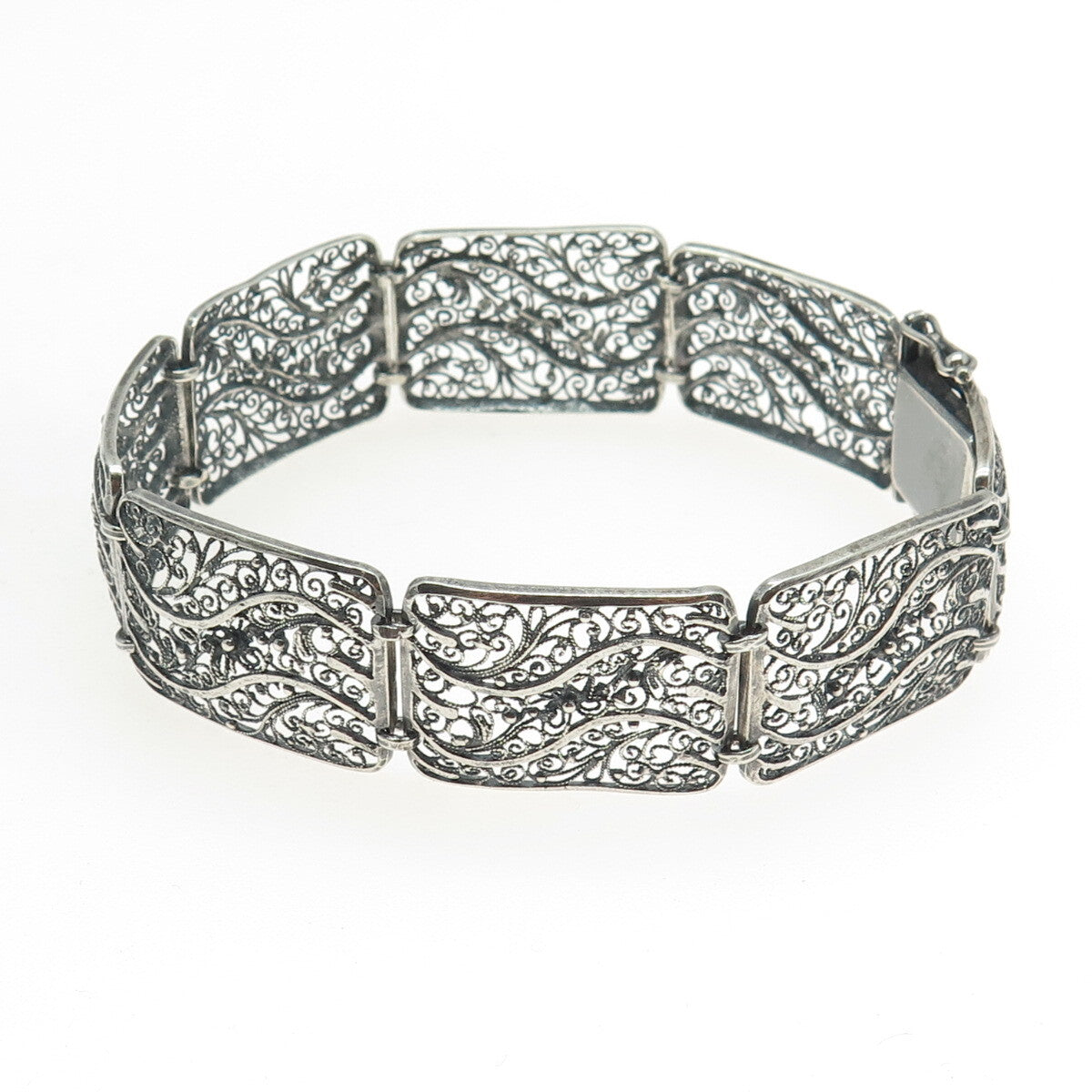 GUSTAV HAUBER 835 Silver Vintage Germany Filigree Panel Oxidized Bracelet 7.75"