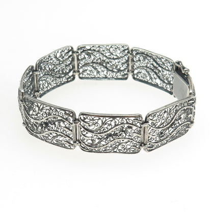 GUSTAV HAUBER 835 Silver Vintage Germany Filigree Panel Oxidized Bracelet 7.75"