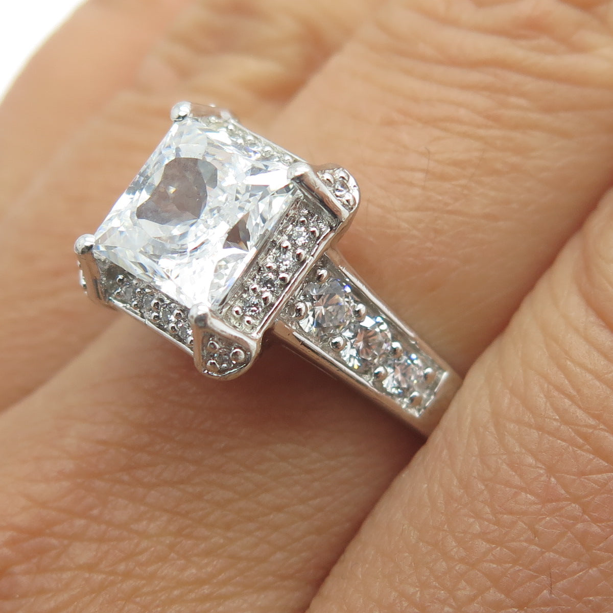 925 Sterling Silver Princess & Round-Cut C Z Engagement Ring Size 8