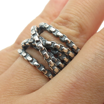 925 Sterling Silver Vintage Round Box Crisscross Chain Oxidized Ring Size 8