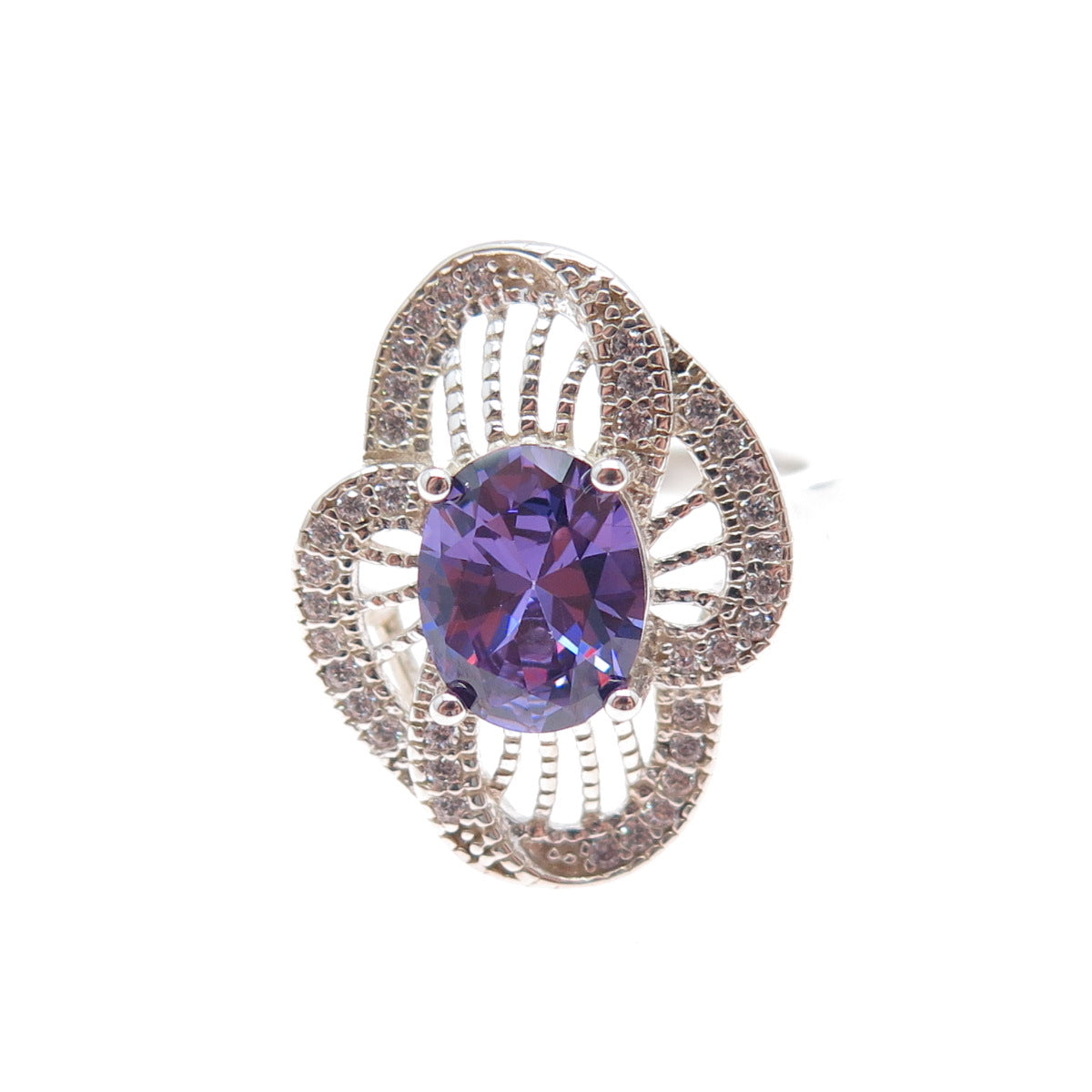 925 Sterling Silver Nano Amethyst & C Z Flower Ring Size 6.75