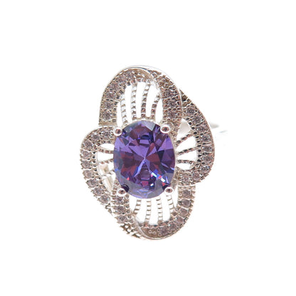 925 Sterling Silver Nano Amethyst & C Z Flower Ring Size 6.75