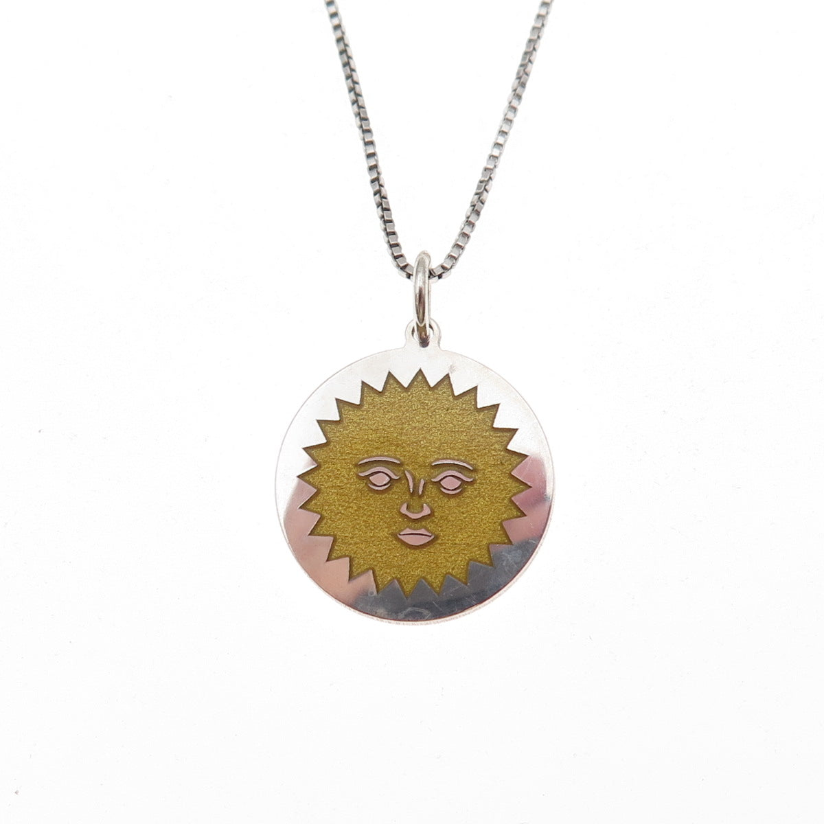 925 Sterling Silver Enamel Sun Face Box Chain Necklace 18"