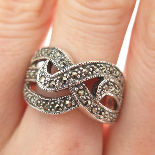 925 Sterling Silver Vintage Real Marcasite Wavy Oxidized Ring Size 8.5