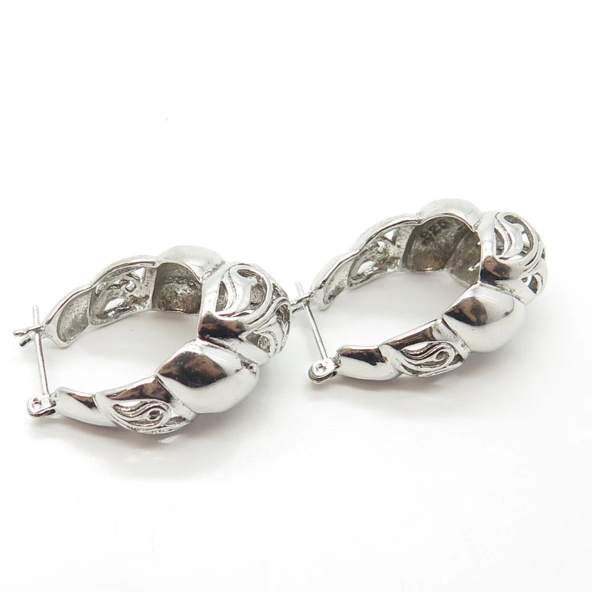 925 Sterling Silver Vintage Shiny Ornate Cone Shape Puffy Hoop Earrings