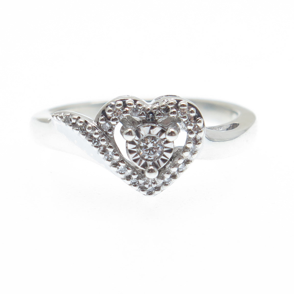925 Sterling Silver Real Round-Cut Diamond Heart Ring Size 7.25