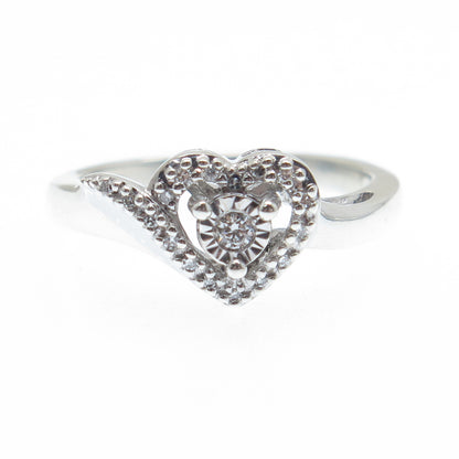 925 Sterling Silver Real Round-Cut Diamond Heart Ring Size 7.25