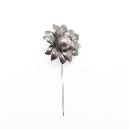 925 Sterling Silver Vintage Flower Oxidized Lapel Pin