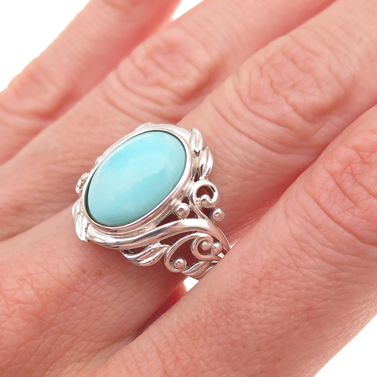 925 Sterling Silver Real Tyrone Turquoise Floral Ring Size 8.25
