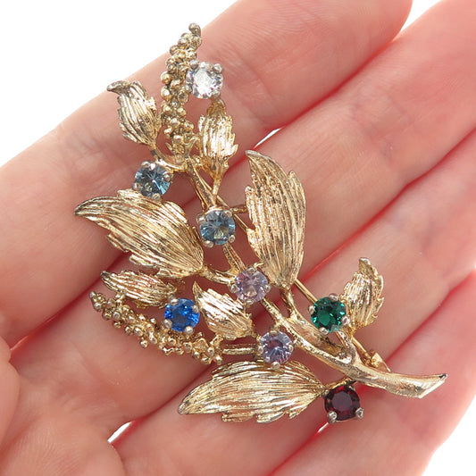 925 Sterling Silver Gold Plated Vintage Multi-Color Rhinestone Floral Pin Brooch