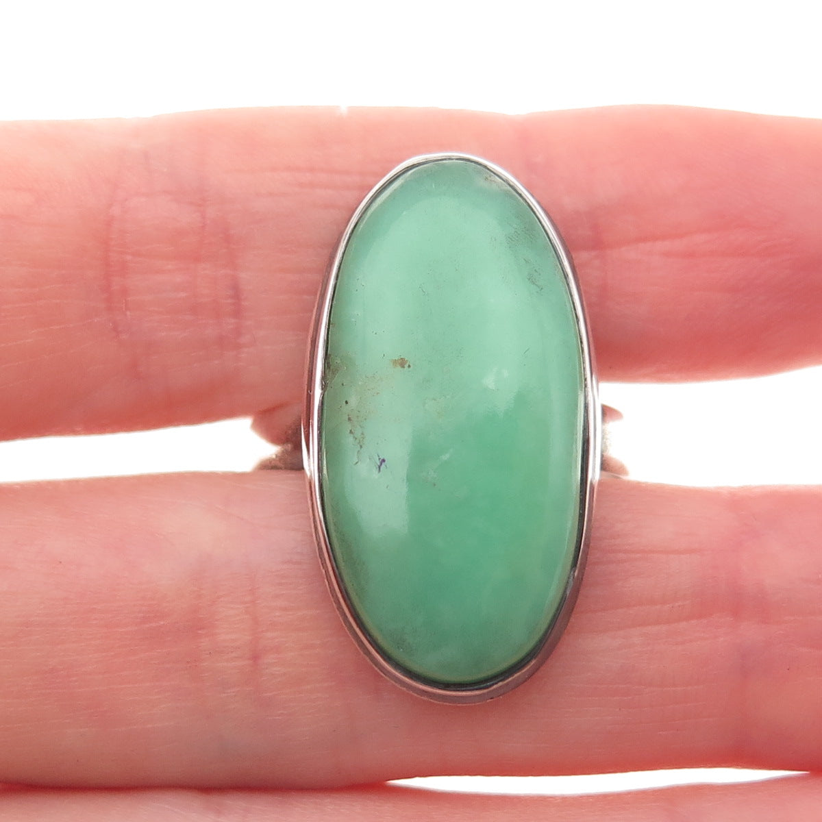 925 Sterling Silver Vintage Real Cabochon Chrysoprase Oxidized Ring Size 11.25