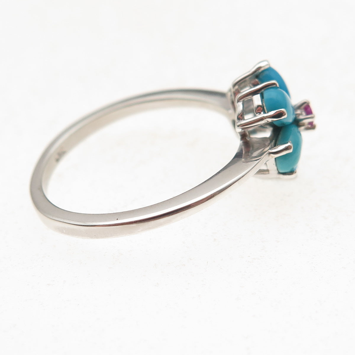 Chuck Clemency 925 Sterling Silver Real Turquoise & Ruby Floral Ring Size 8.25