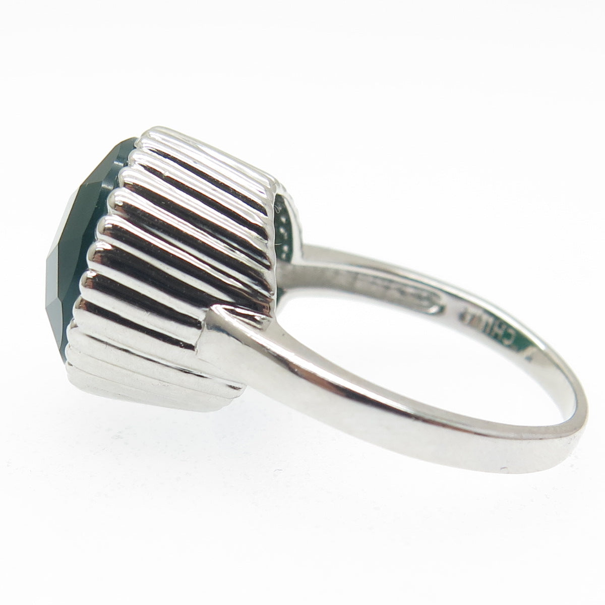 925 Sterling Silver Real Checkered Green Onyx Gem Ribbed Dome Ring Size 7