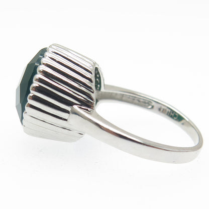 925 Sterling Silver Real Checkered Green Onyx Gem Ribbed Dome Ring Size 7