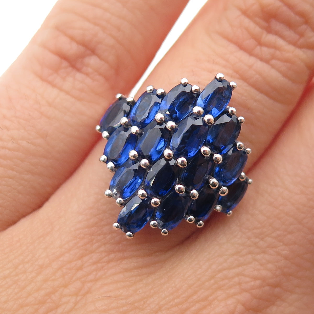 925 Sterling Silver Real Oval-Cut Sapphire Cluster Ring Size 5.5