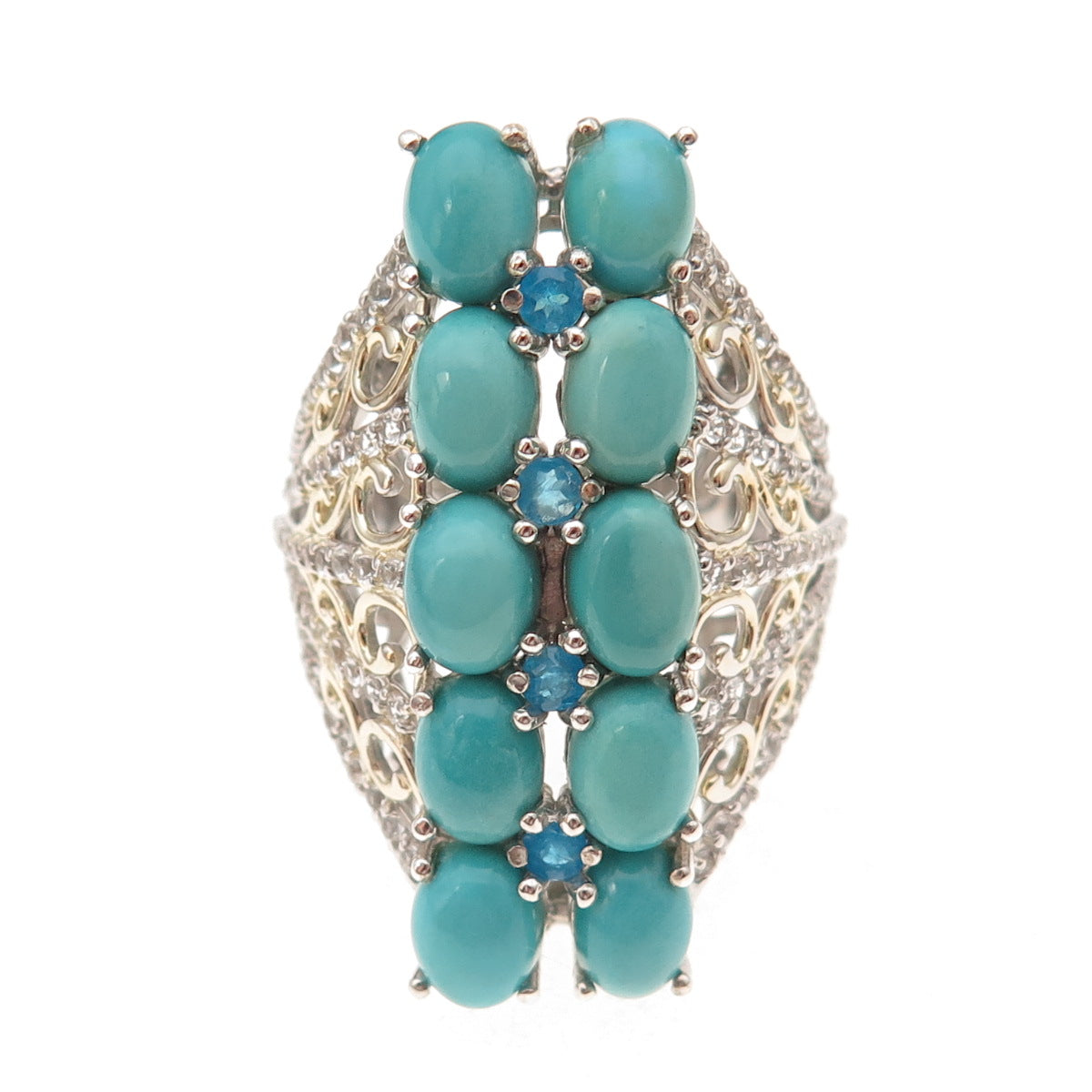 Chuck Clemency 925 Sterling 2-Tone Real Turquoise Topaz & Apatite Ring Size 8.25