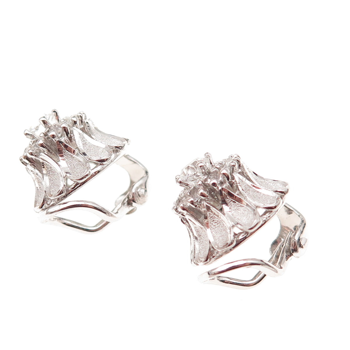 925 Sterling Silver Vintage Round-Cut Rhinestone Clip On Earrings
