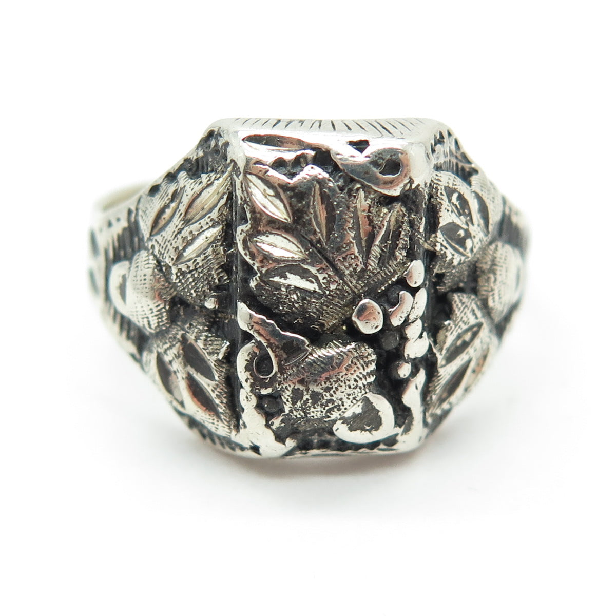 925 Sterling Silver Antique Art Deco Floral Oxidized Ring Size 12