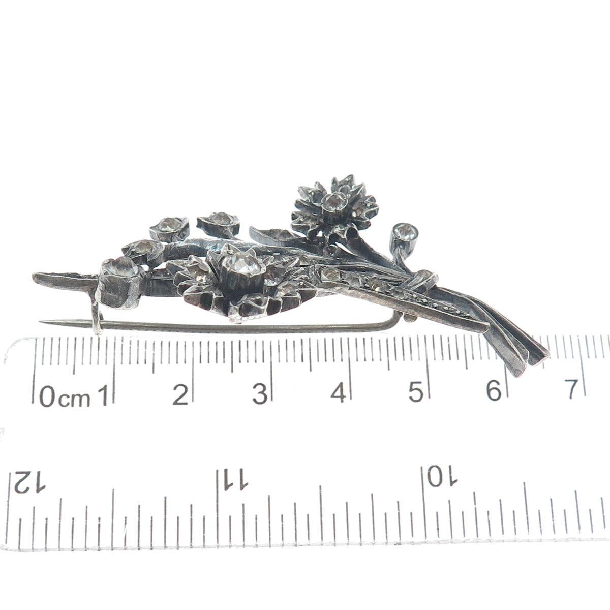 ALFRED FEAU 800 Silver Antique France Rhinestone Flower Oxidized Pin Brooch