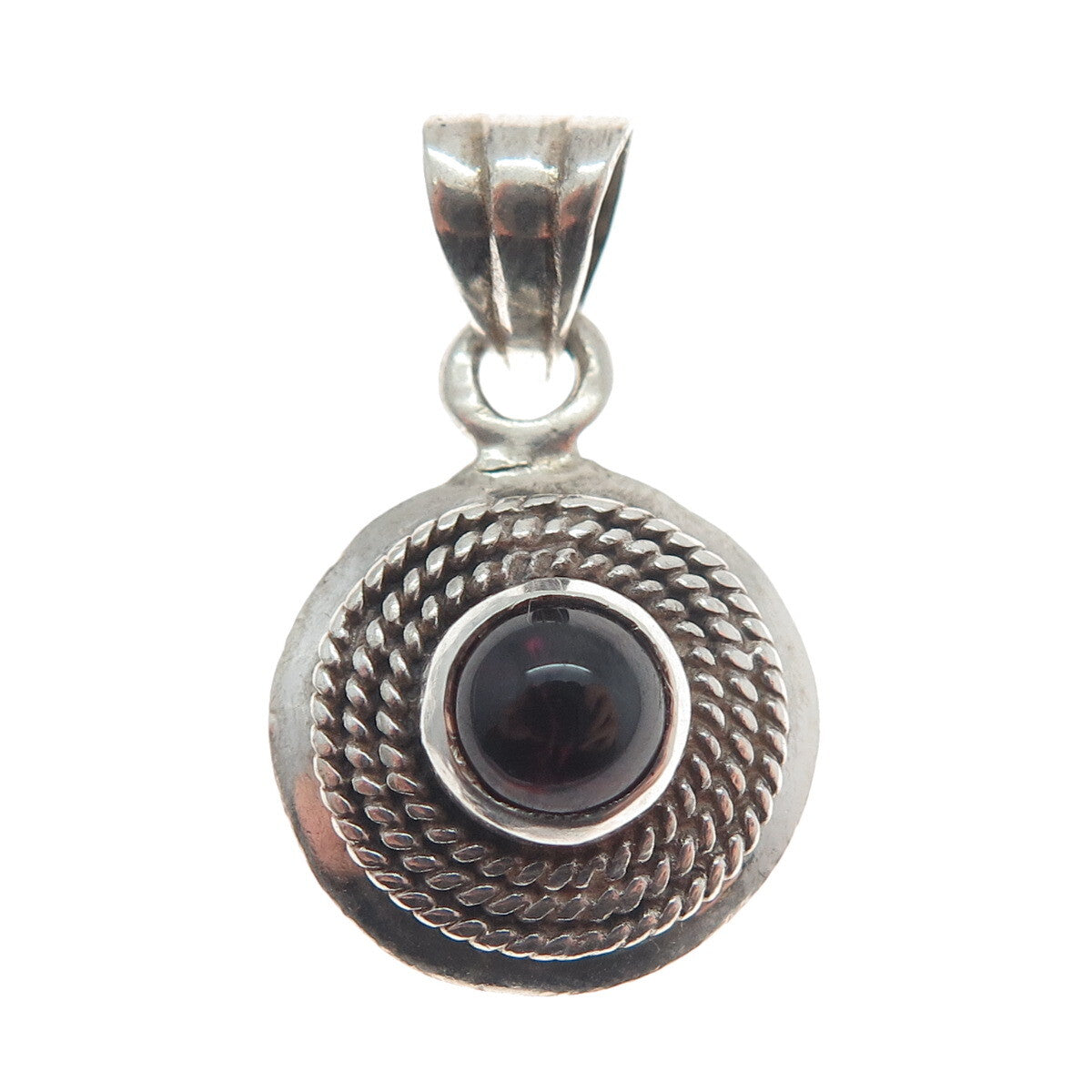 925 Sterling Silver Vintage Real Red Garnet Roped Minimalist Charm Pendant