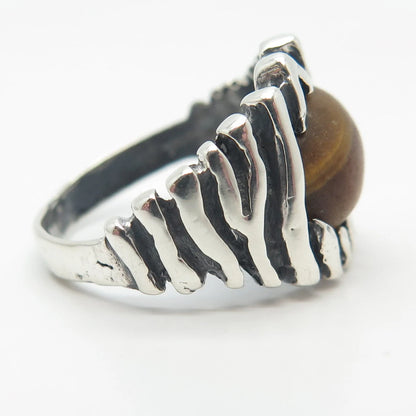 925 Sterling Silver Vintage Real Tiger Eye Gem Striped Ring Size 8.25